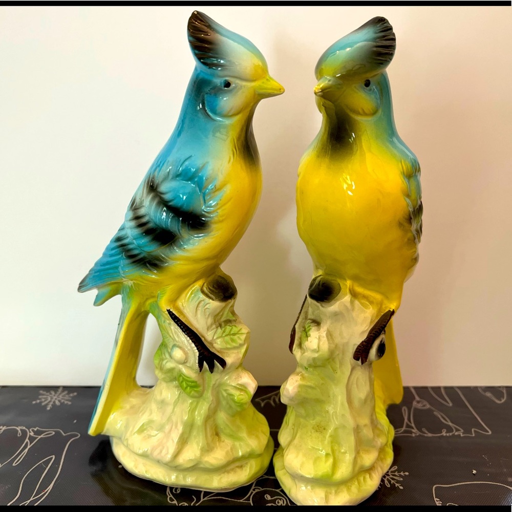 Vintage hand painted turn of the century bluebird sculptures made in Japan
